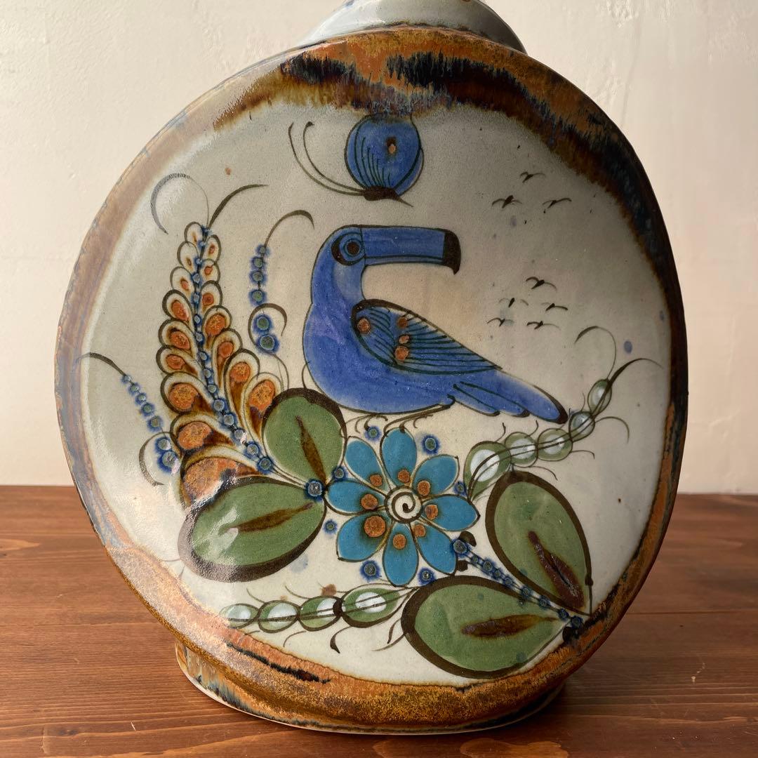 Mexico トナラ焼　大型花器　手描き　伝統工芸　ハンドペイント　オオハシ　鳥