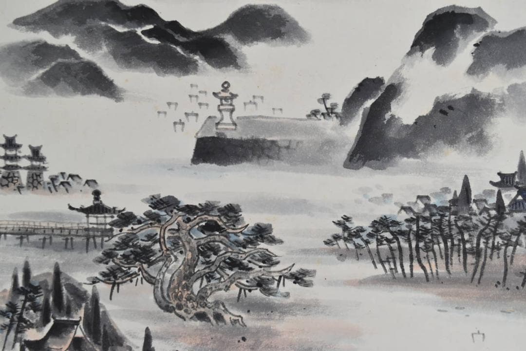 【真作】跡部白鳥/八景一望/山水図/横物/大観門/掛軸☆宝船☆AB-461