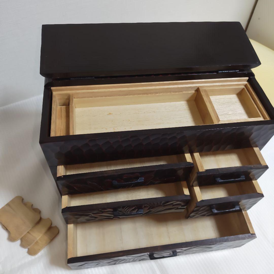 【良品】鎌倉彫り　整理箱　手彫り　アクセサリー　五引出し　隠し収納　上部収納