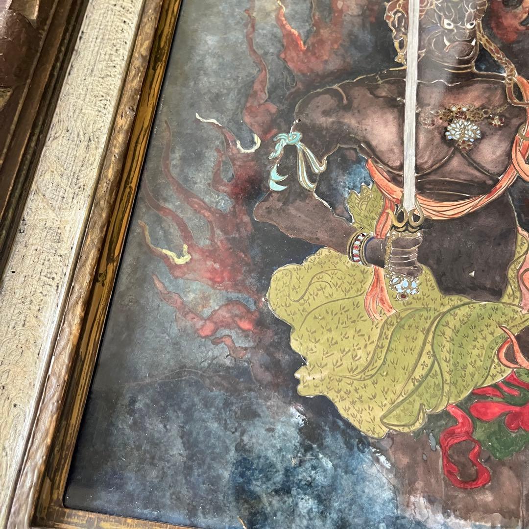 仏画 不動明王 額装 肉筆 彩色 古画 仏教美術 E