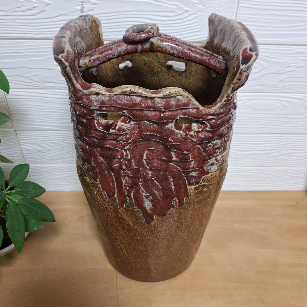 【一点物】手捻り 陶器 傘立て 43cm 辰砂 釉変 大型 玄関 什器 和モダン