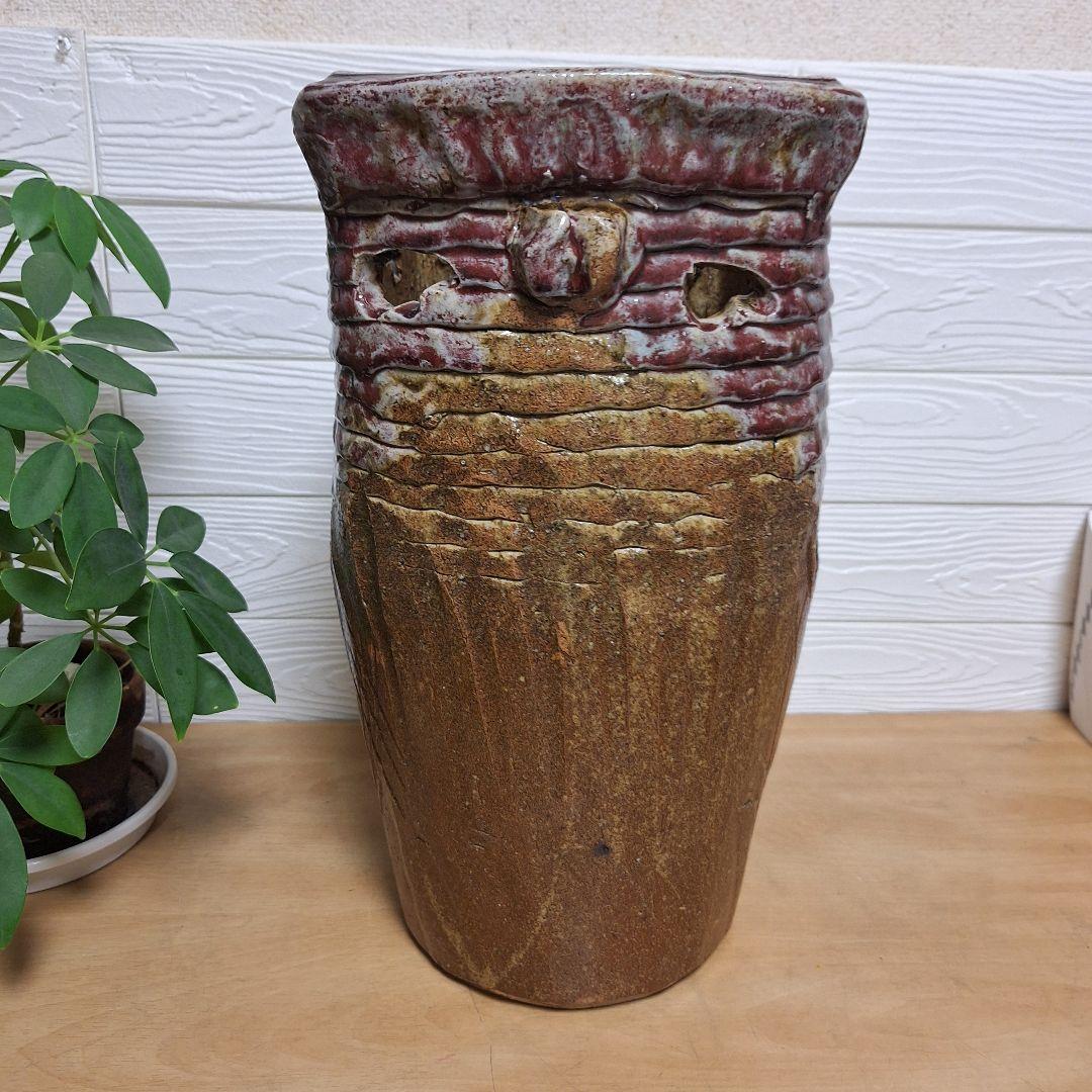 【一点物】手捻り 陶器 傘立て 43cm 辰砂 釉変 大型 玄関 什器 和モダン