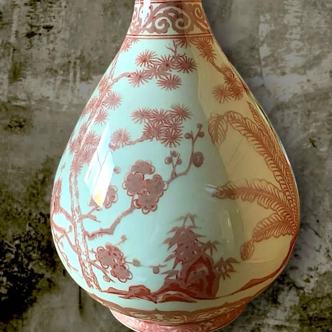 【中国古玩★極美品】釉裏紅 松竹梅文 玉壺春瓶 骨董 飾り壺 共箱 古美術
