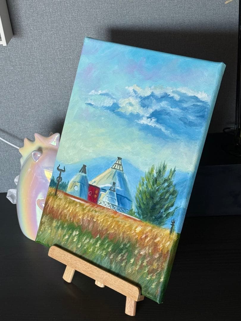 「草原ふるさと」　手描き　油絵　風景画　原画　油彩画