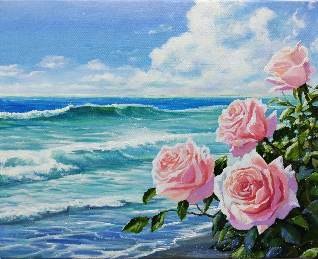 【薔薇が見る海】アクリル画 F3 風景画 絵画