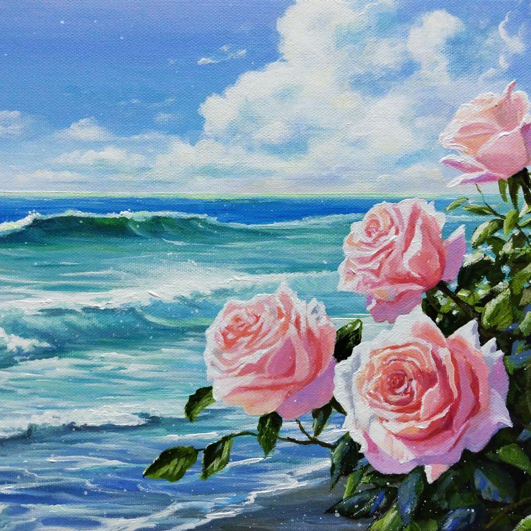 【薔薇が見る海】アクリル画 F3 風景画 絵画