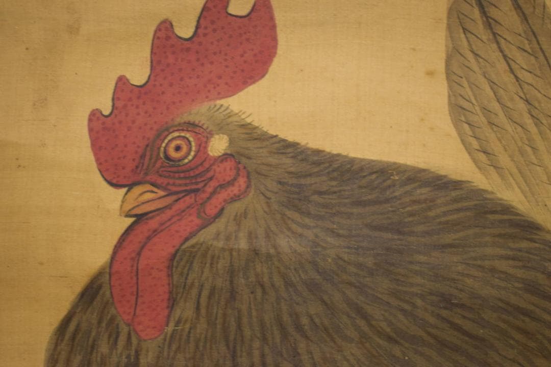 真作/秀文/藤/双鶏図/布袋屋掛軸HI-868