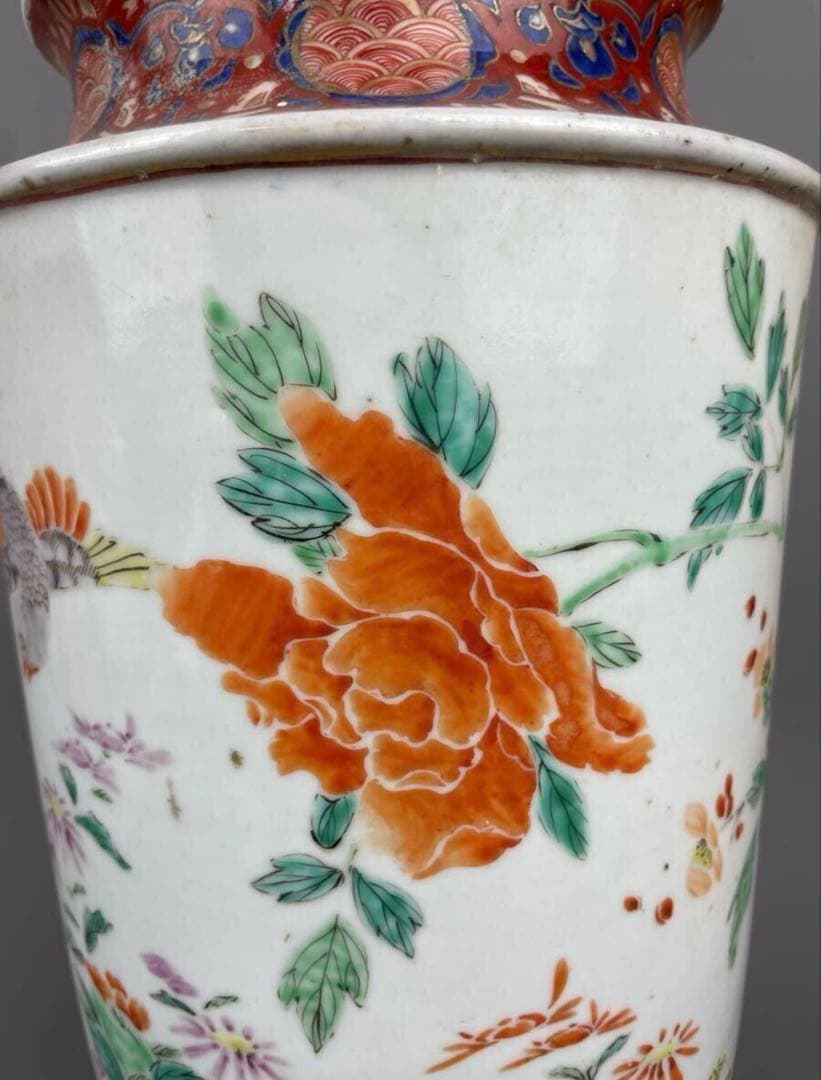 明治期 古伊万里 花鳥図 花瓶 飾壺 花器 永世舎? 雉 梅 赤江 色絵 手描き