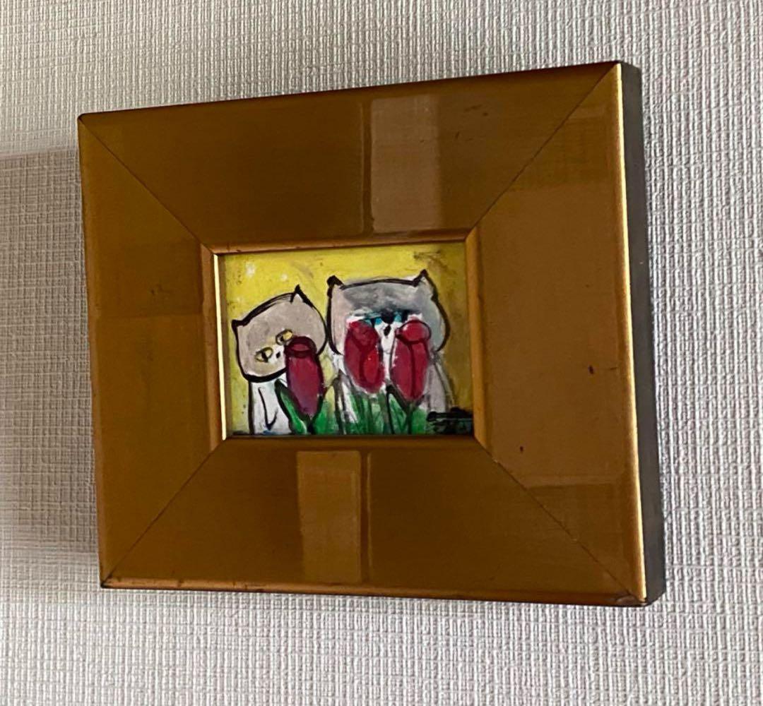 絵画。原画【2匹のかわいい猫が赤いチューリップの茂みでデートしている】
