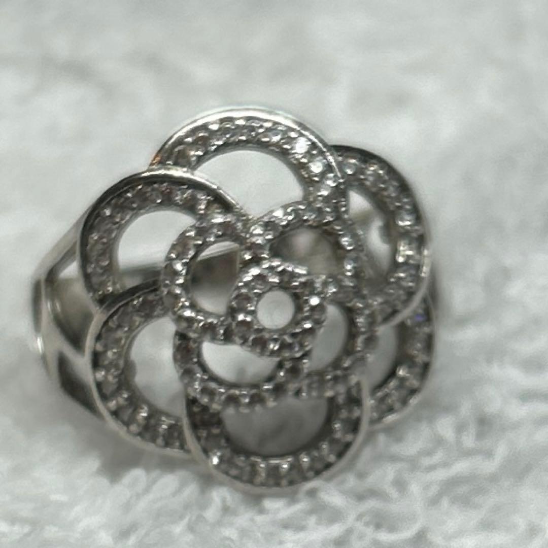 CHANEL シルバー ロゴリング　カメリア　フラワー