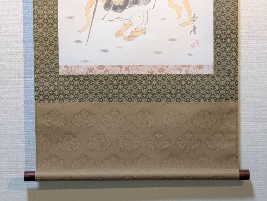 【真作】掛軸　托鉢僧と童子　和歌入り　彩色画　人物画　古画調　U122