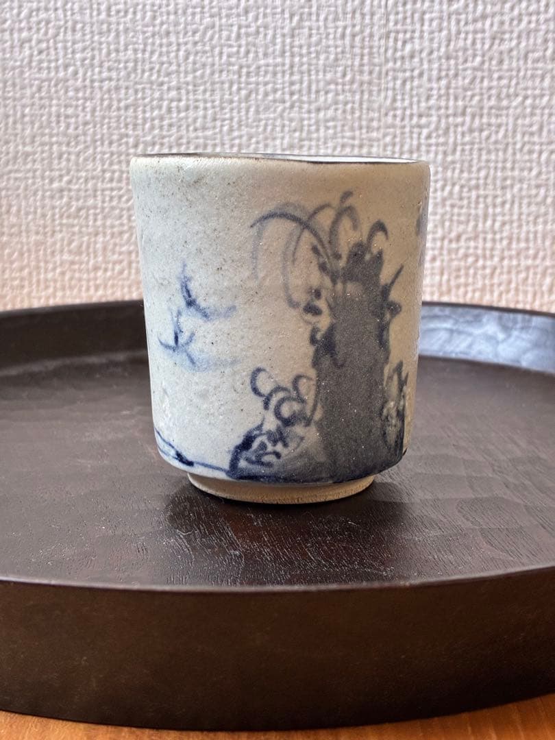 梶原靖元　染付陶胎　湯呑み　山水図
