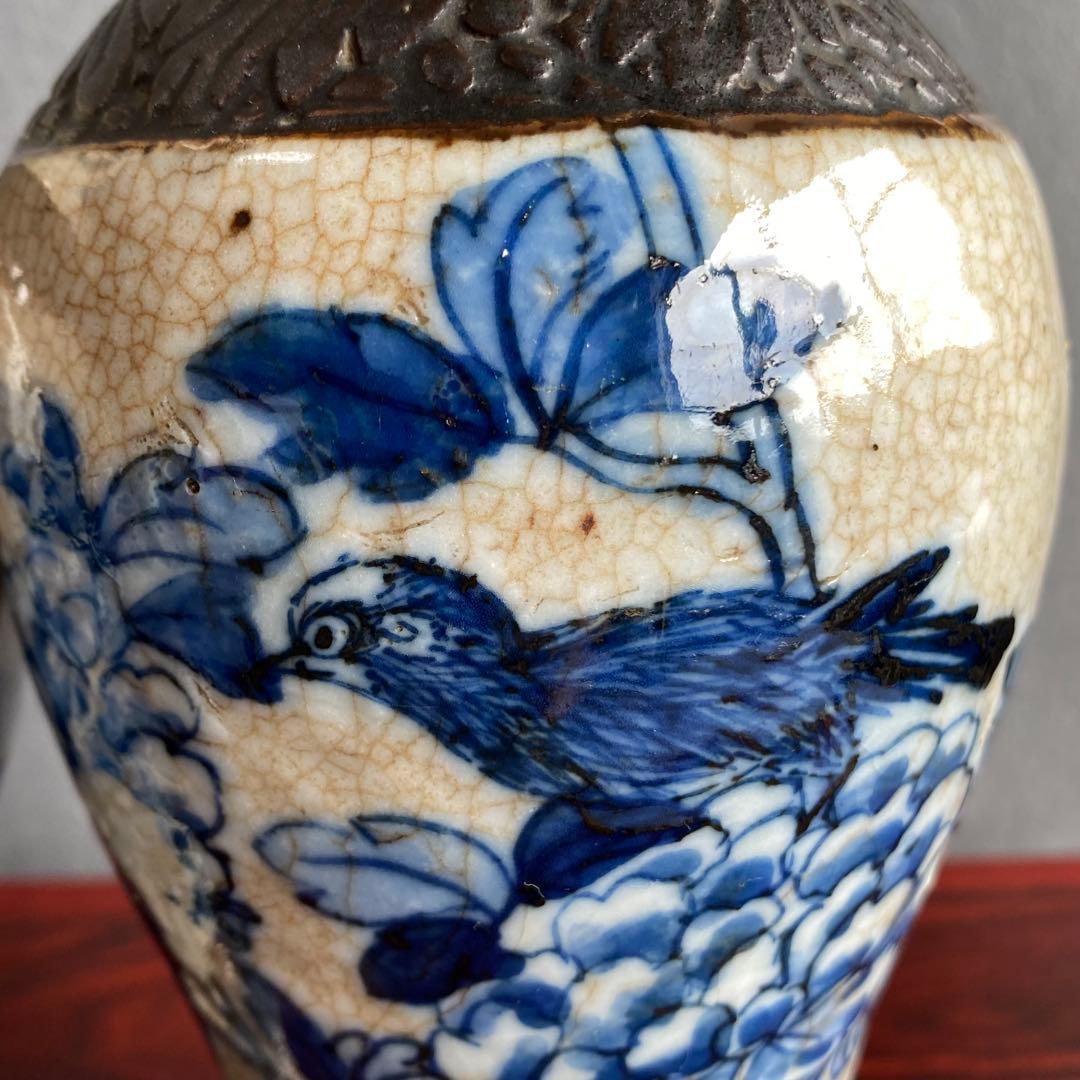 中国青花花生一対　明代成化年製　染付花鳥画　象耳　貫入磁器　花瓶花入 清時代
