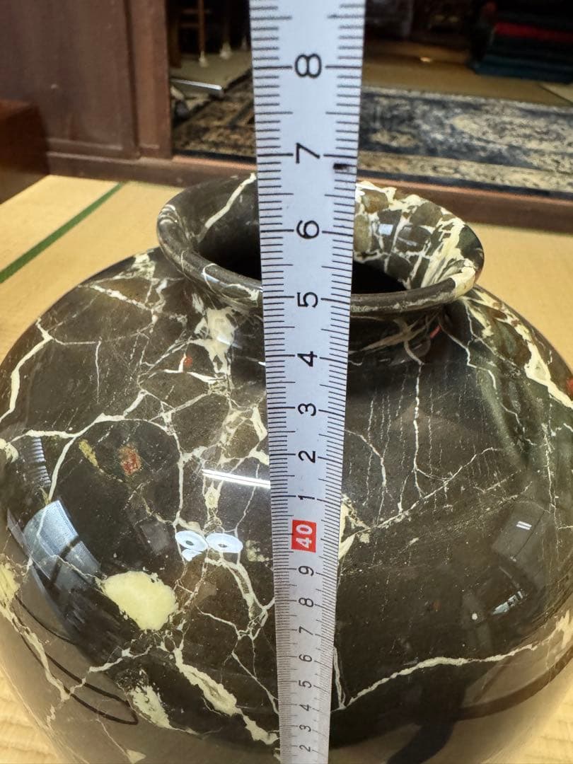 大理石 マーブル 壺 花瓶 黒白模様 木箱付 重厚感 インテリア 骨董 オブジェ