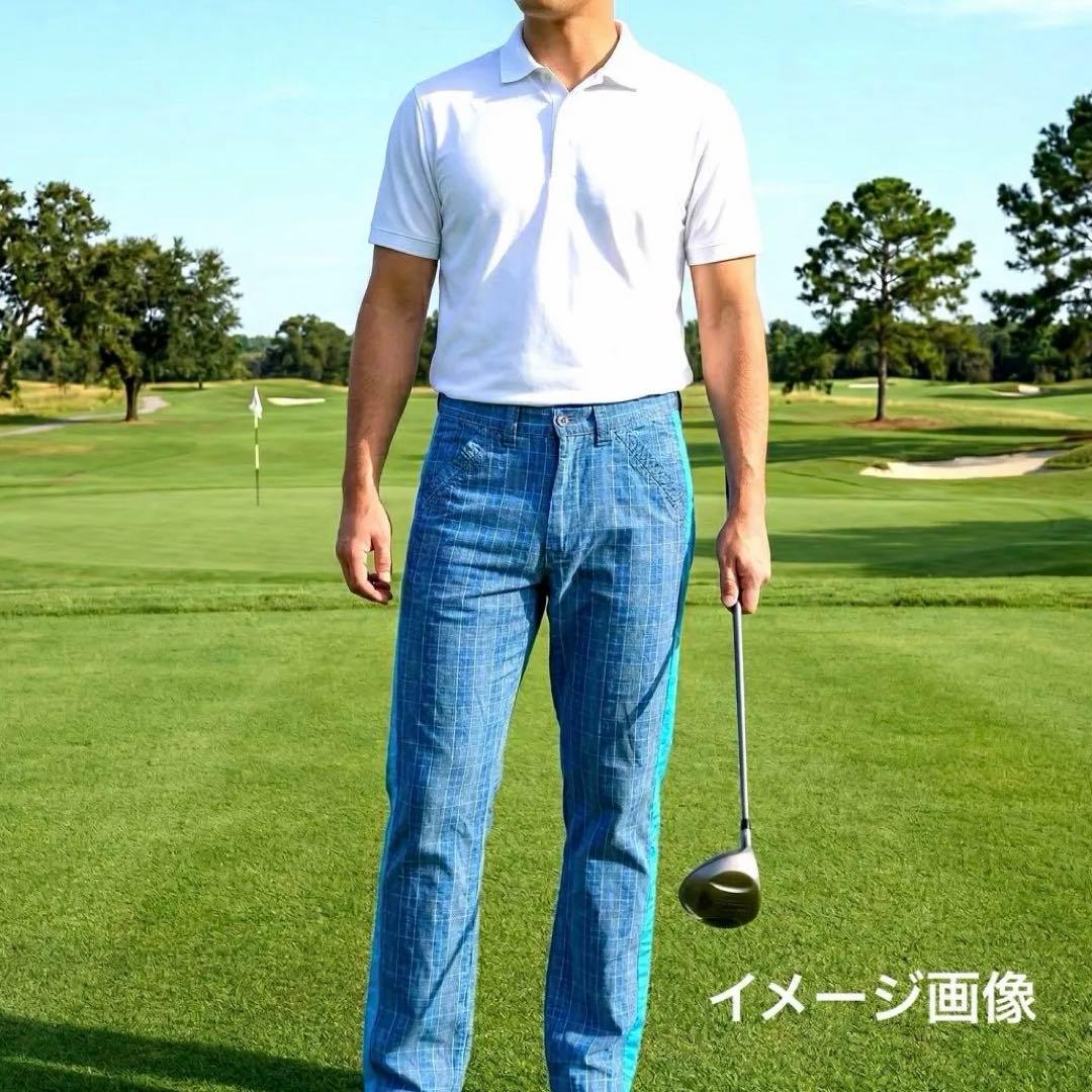 【極美品/美脚】パラディーゾ ラメ糸 チェック柄 サイドラインパンツ ブルー82