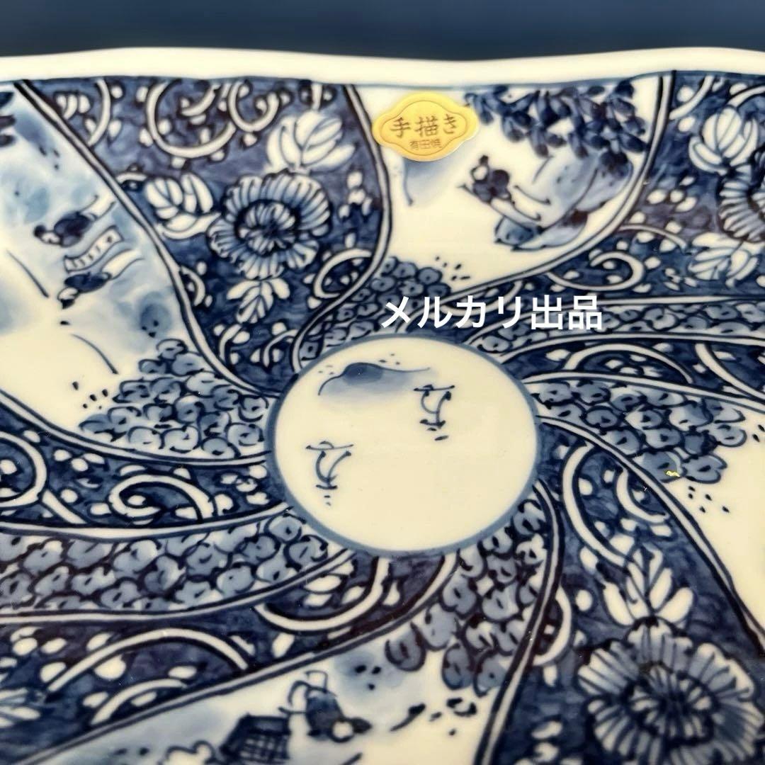 有田焼　幸麓窯　楕円皿　手描き染付　大皿　盛り皿　祥瑞山水　牡丹唐草　美品