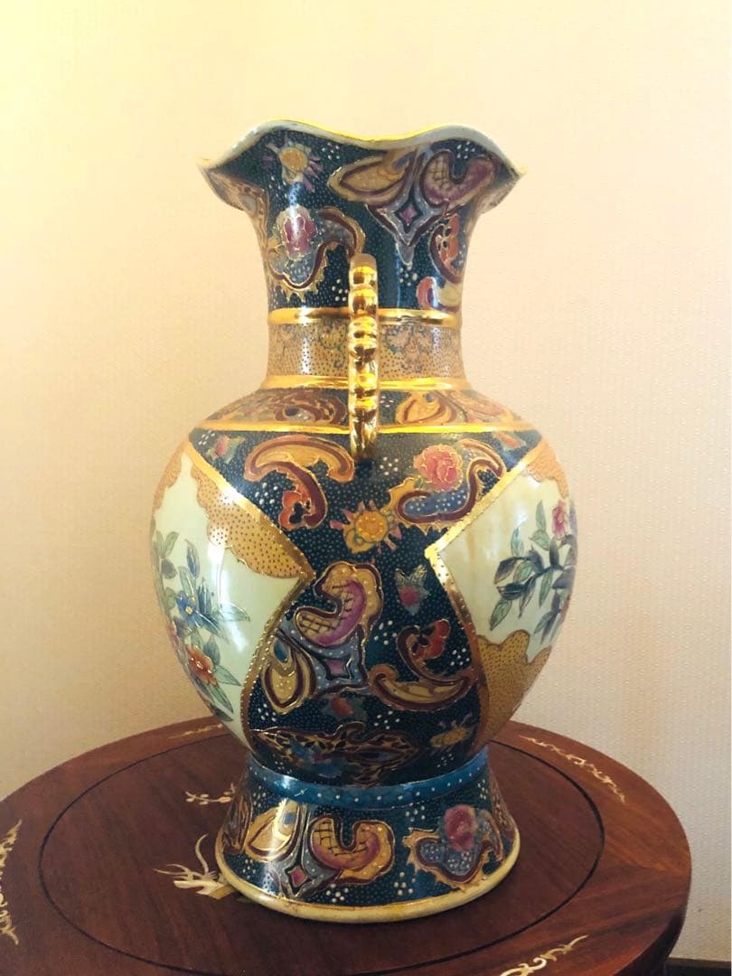 豪華　薩摩焼骨董　双耳　金襴手　青粒　壺