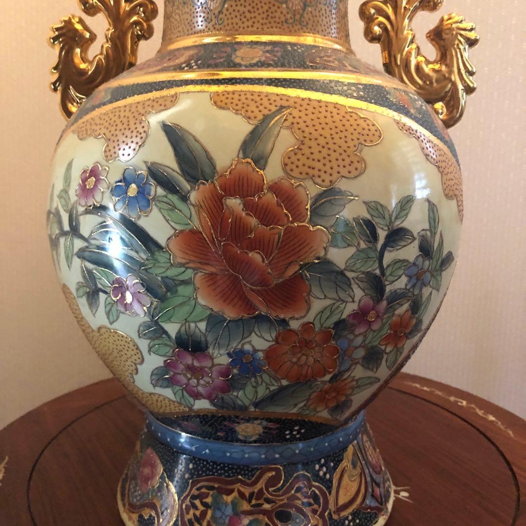 豪華　薩摩焼骨董　双耳　金襴手　青粒　壺