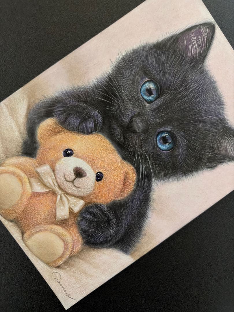 色鉛筆画A4 青い目の黒猫