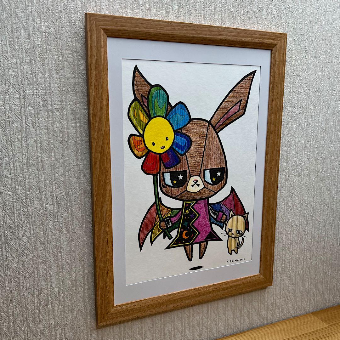 動物 原画 絵 手描き 癒し 猫 うさぎ 虹 一点物 額縁付『優しさを知った夜』