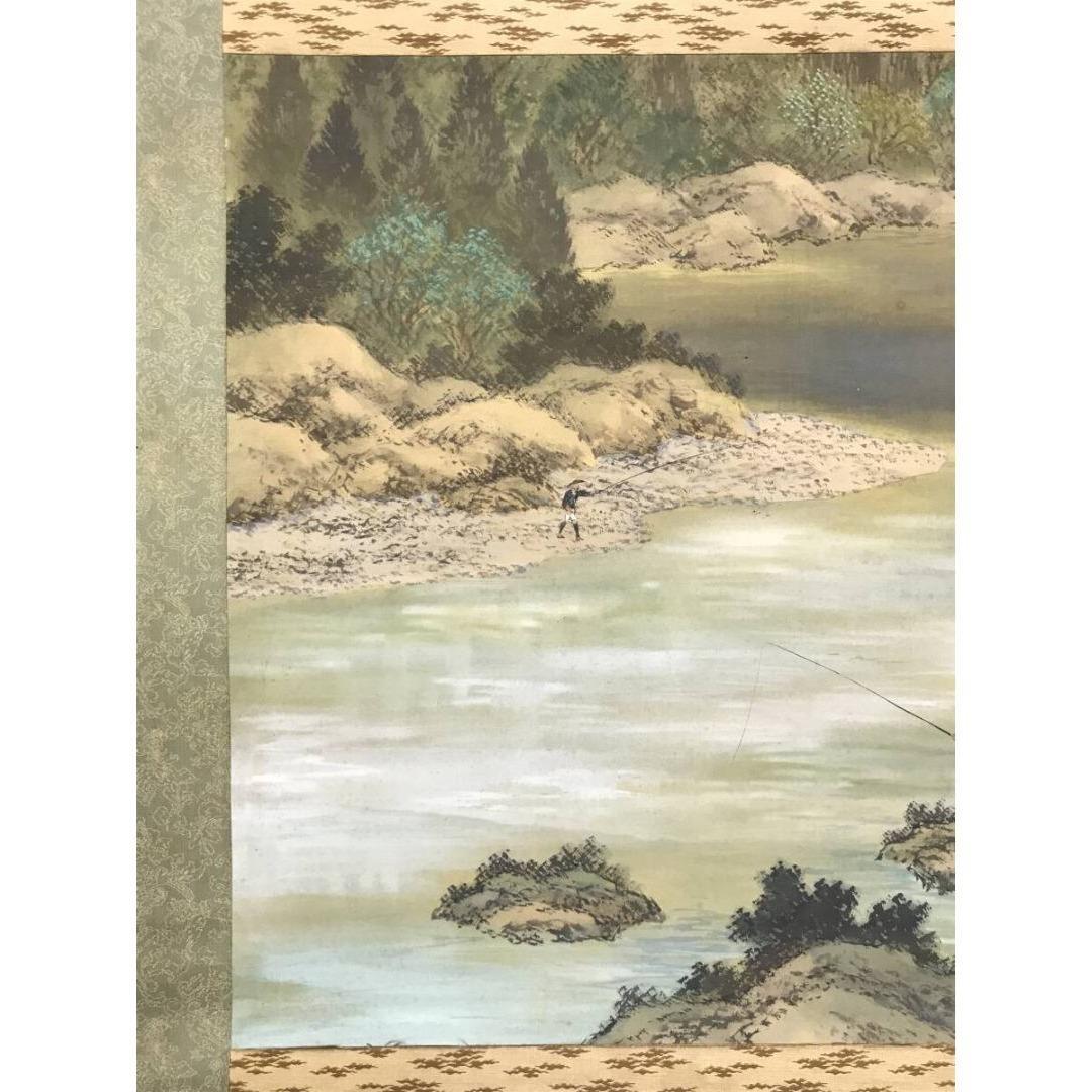 真作/羽田晃雅/山水釣人物図/横物/初夏の掛軸/掛軸/名家伝来/AK-995