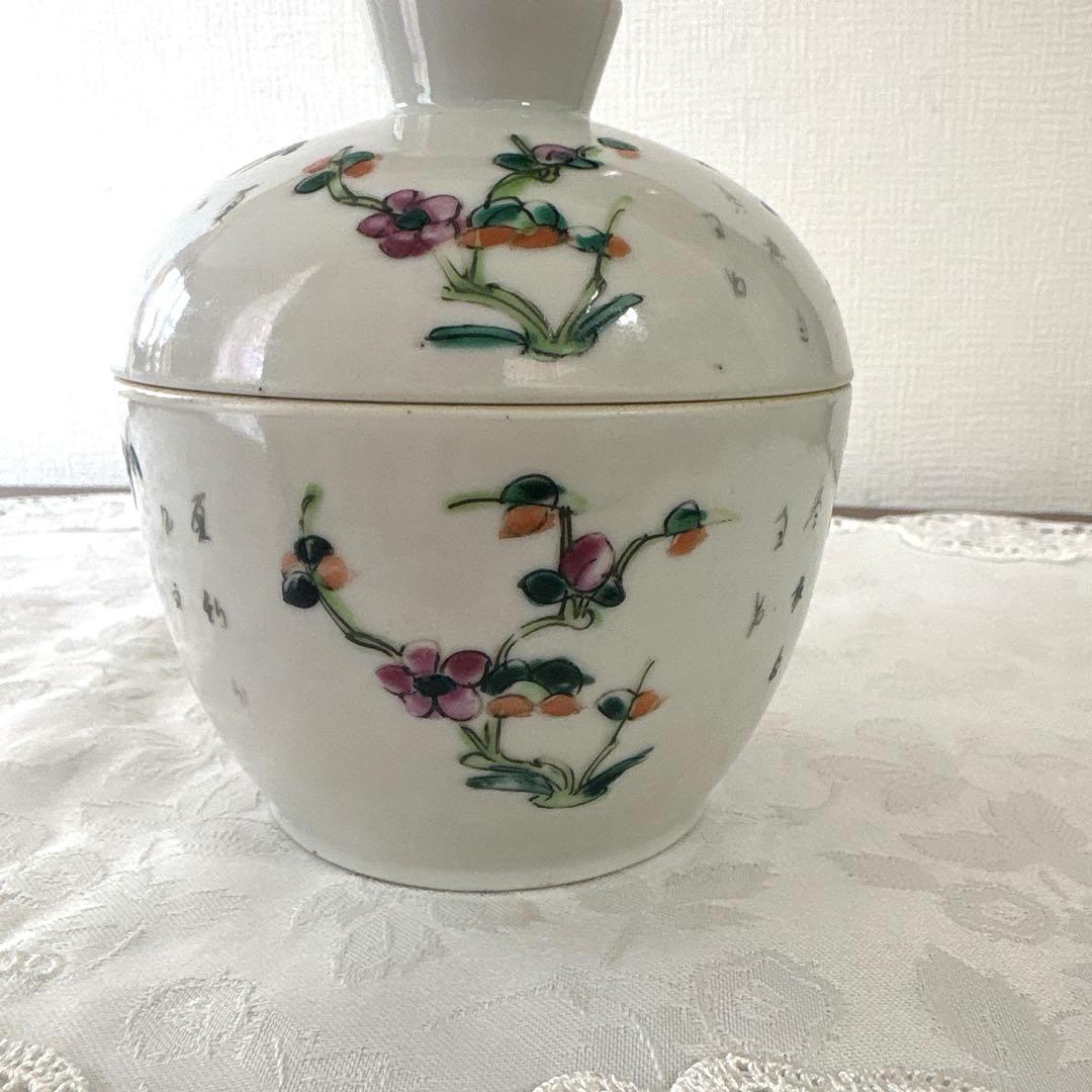 中国古美術 清末民国　粉彩 四季の花　染め付け　蓋付き器