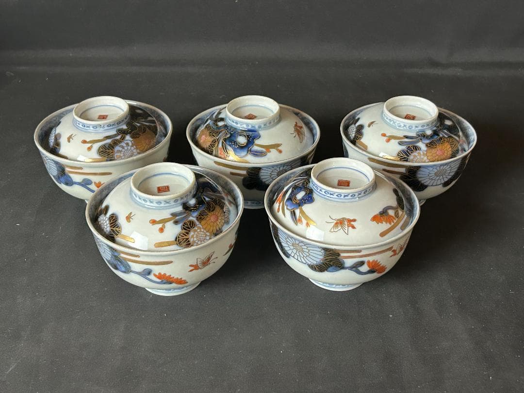 古伊万里 染錦 金彩 花蝶図 蓋向付 飯茶碗 5客 江戸後期 70