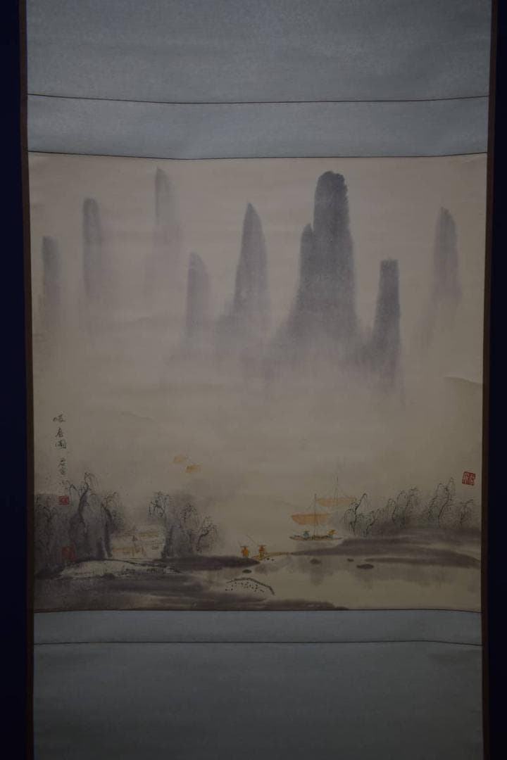 複製/梁軍/暖春図/山水/帆舟/人物図/横物/工芸/大幅/布袋屋掛軸HI-857