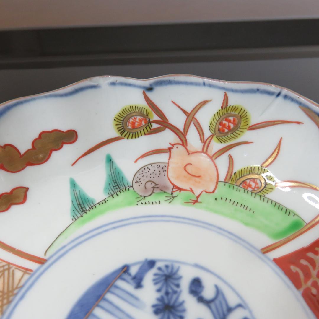 なます皿 5枚 鶉 ウズラ 山水 色絵付け 金彩 古伊万里 蛇の目 江戸 明治