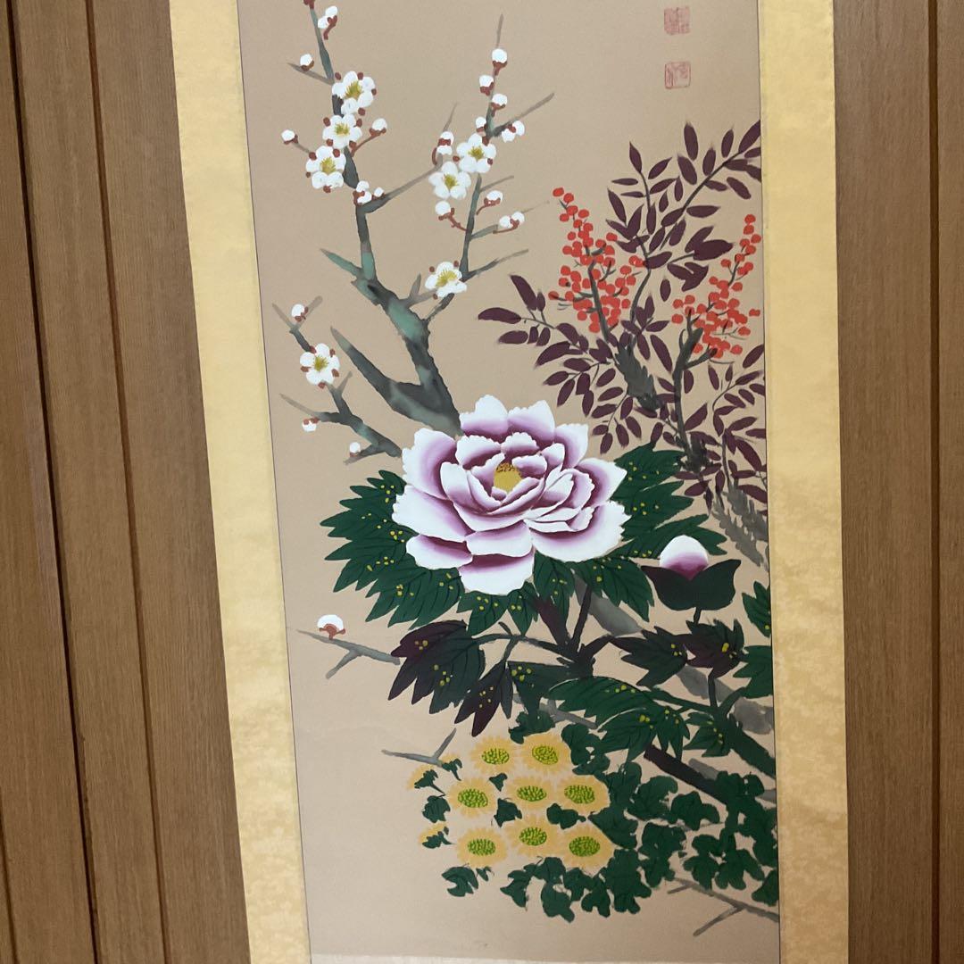 玄 亭 筆 絹本彩色画 四時長春【花鳥画】 桐箱在 肉筆