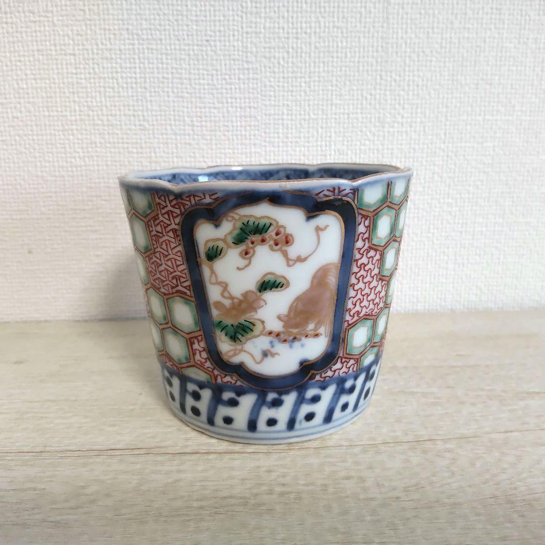 古伊万里　色絵　窓抜　葡萄に栗鼠　亀甲文　そば猪口