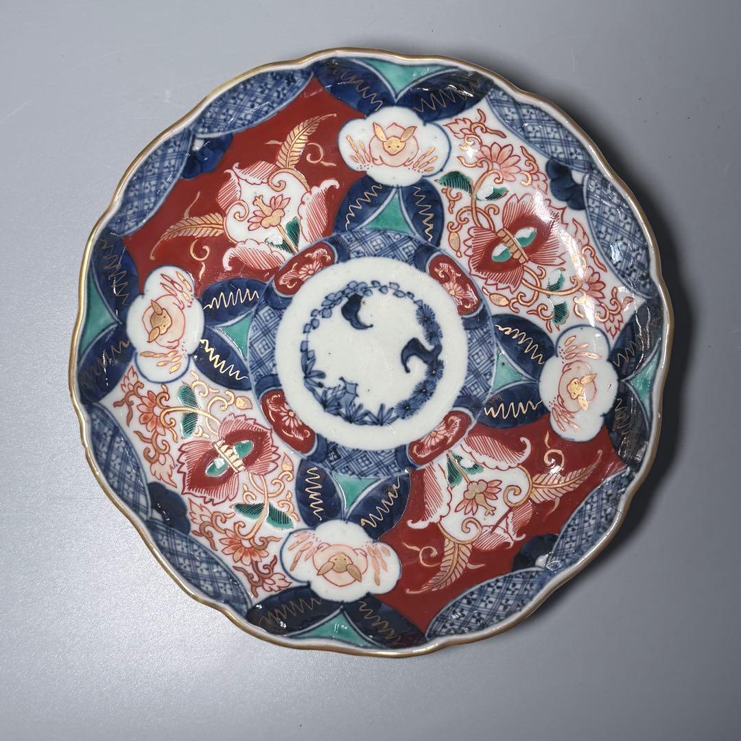 江戸後期　古伊万里　色絵うさぎ文様輪花形七寸皿　五客　冨貴長春　21.8cm