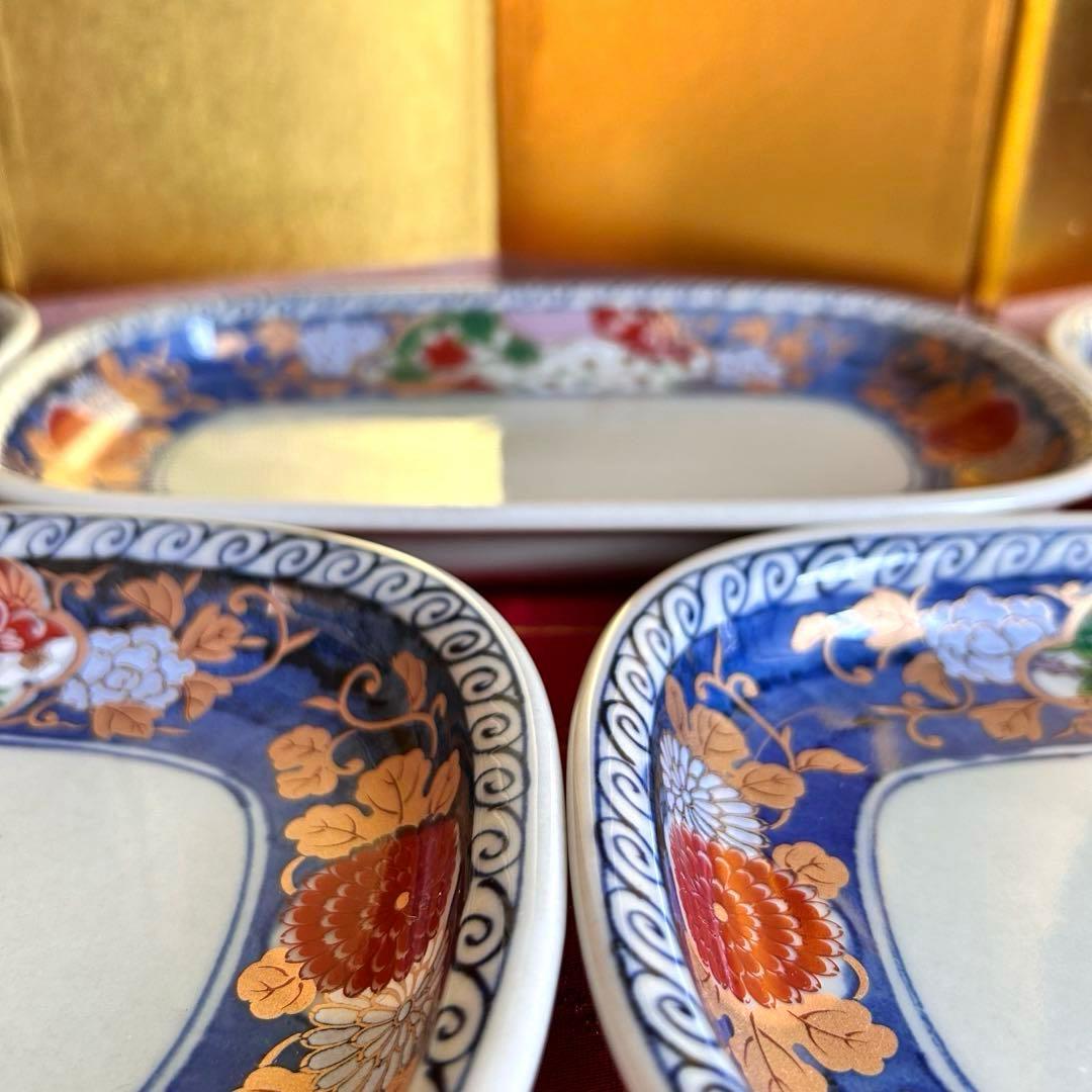 【未使用品】有田焼　清秀窯　金彩古伊万里　濃木甲　多用皿揃　楕円皿5客 元箱入り