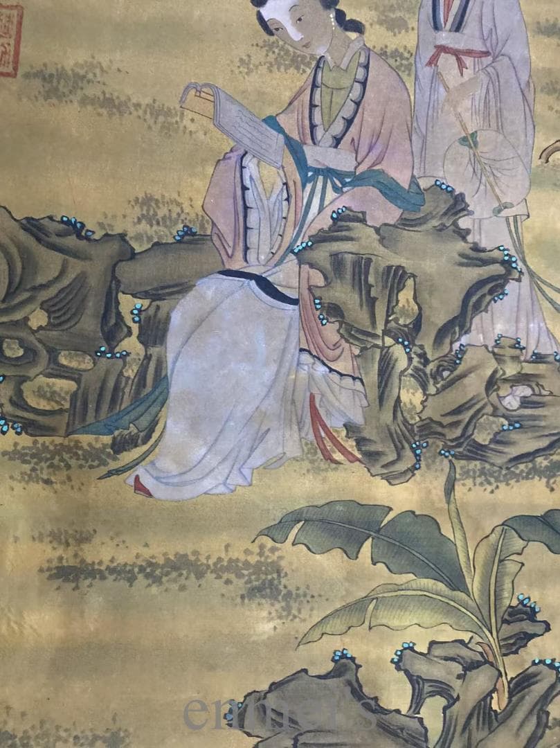 中国古美術『仇英款 人物画』絹布 三尺中堂画 掛軸 表装済 水墨画 模写 古玩