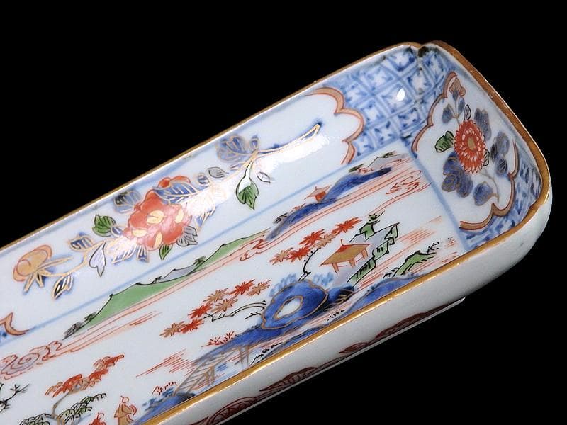 古伊万里　染錦　山水牡丹菊紋　長皿　柴田コレクション同手　E406AS-DBs