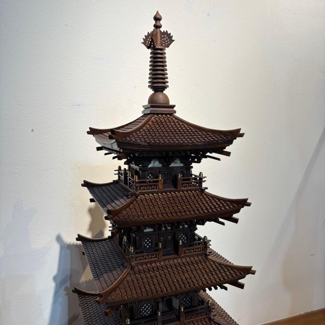 希少 法隆寺 五重塔 昭和レトロ 木製オブジェ 縁起物 インテリア ガラスケース