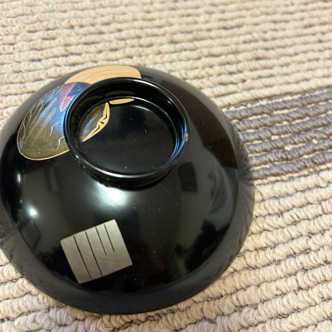1950年代本塗り　木製　漆器椀 お雑煮碗　5個セット 黒 貝合わせ金色装飾