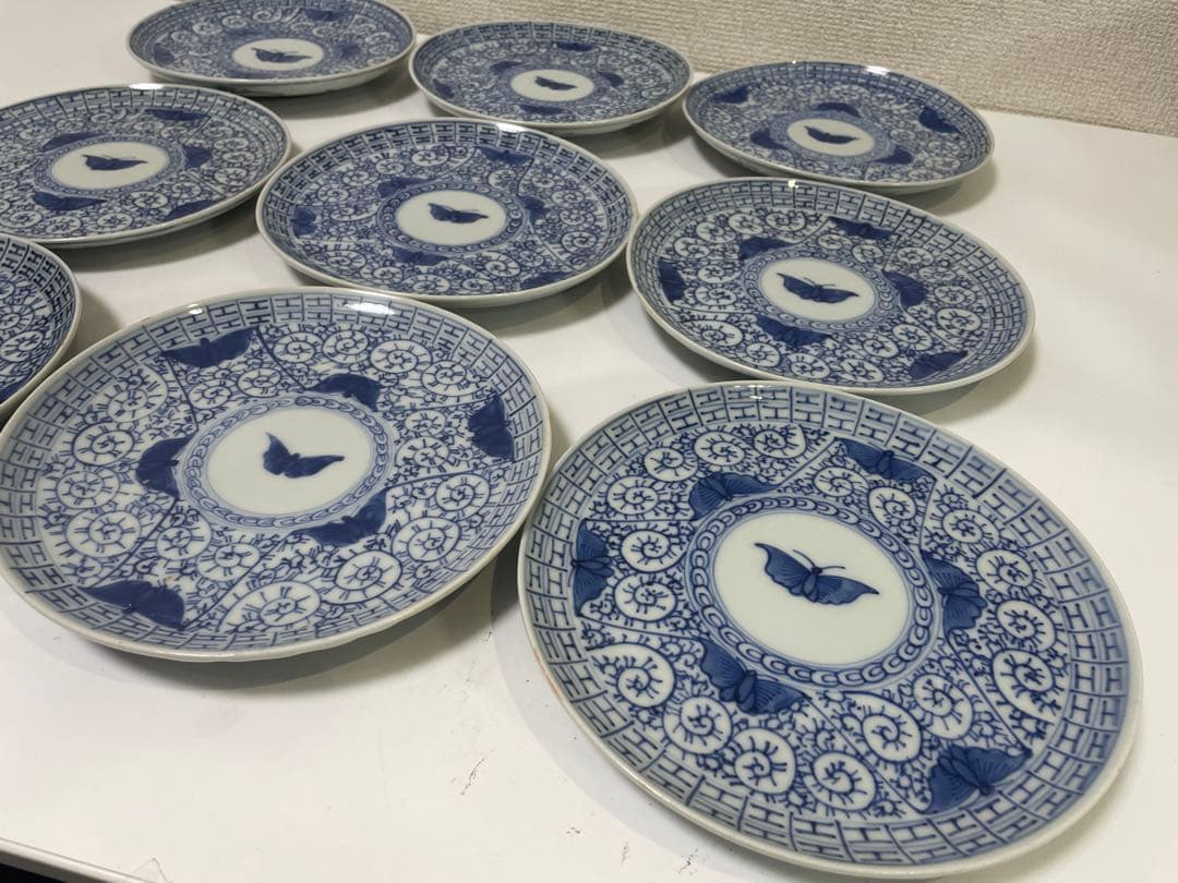 【現状品】古伊万里 染付 陶器 蛸唐草 蝶 大明宣徳年製 アンティーク 9枚 ①