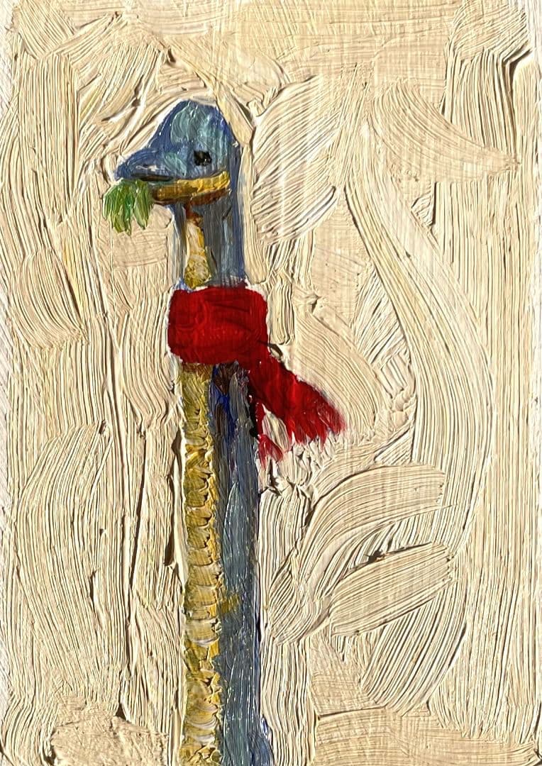 「おしゃれなブラキオサウルス」２点セット　油絵具　ミニ絵画　原画　手描き　恐竜