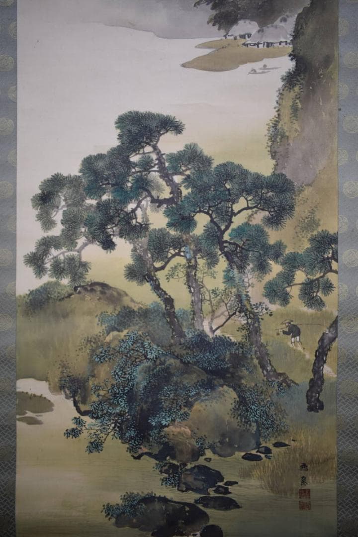真作/岡田雪窓/山水漁師図/布袋屋掛軸HG-467