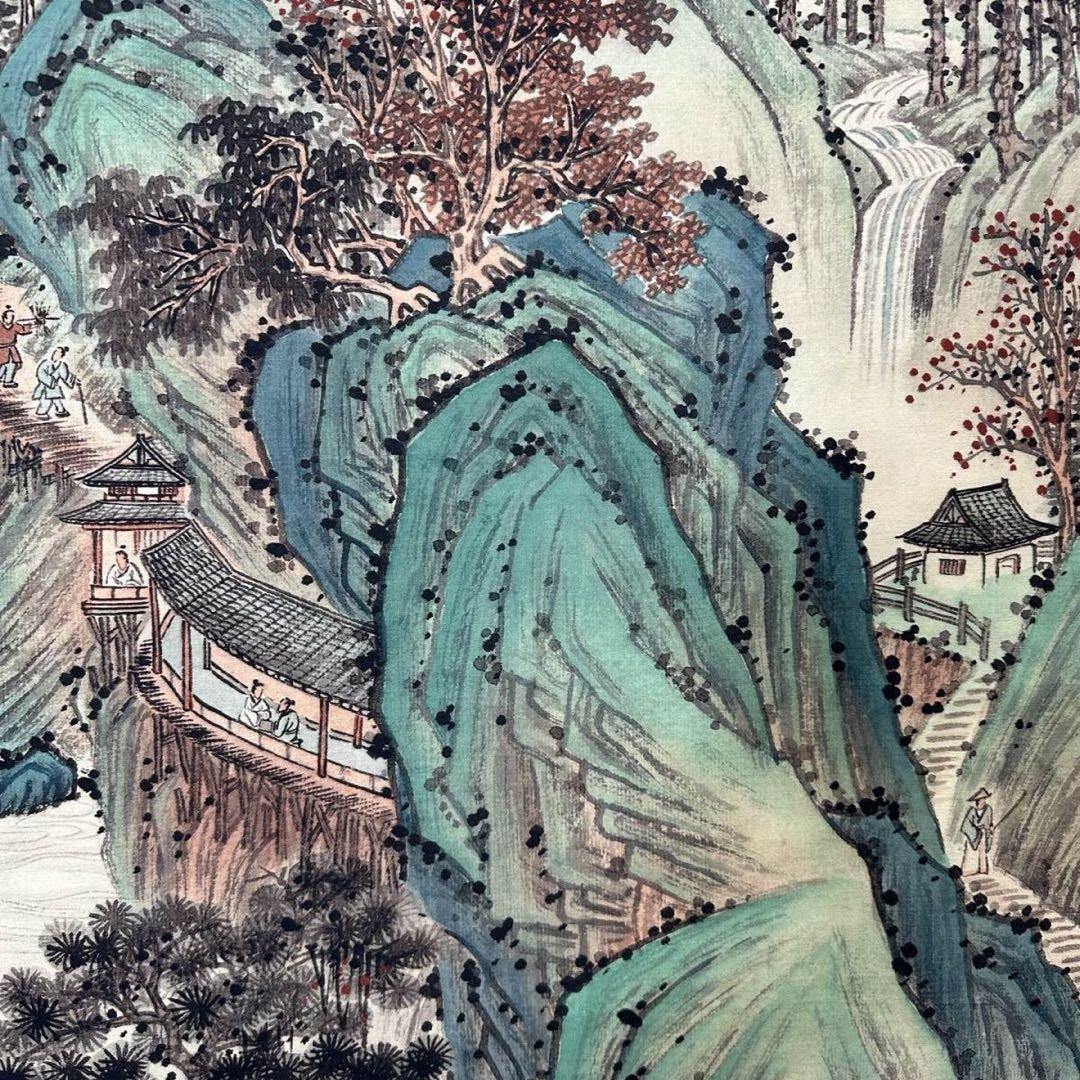 三尺中堂 中国近代 山水画 青緑山水図 掛け軸 張大千