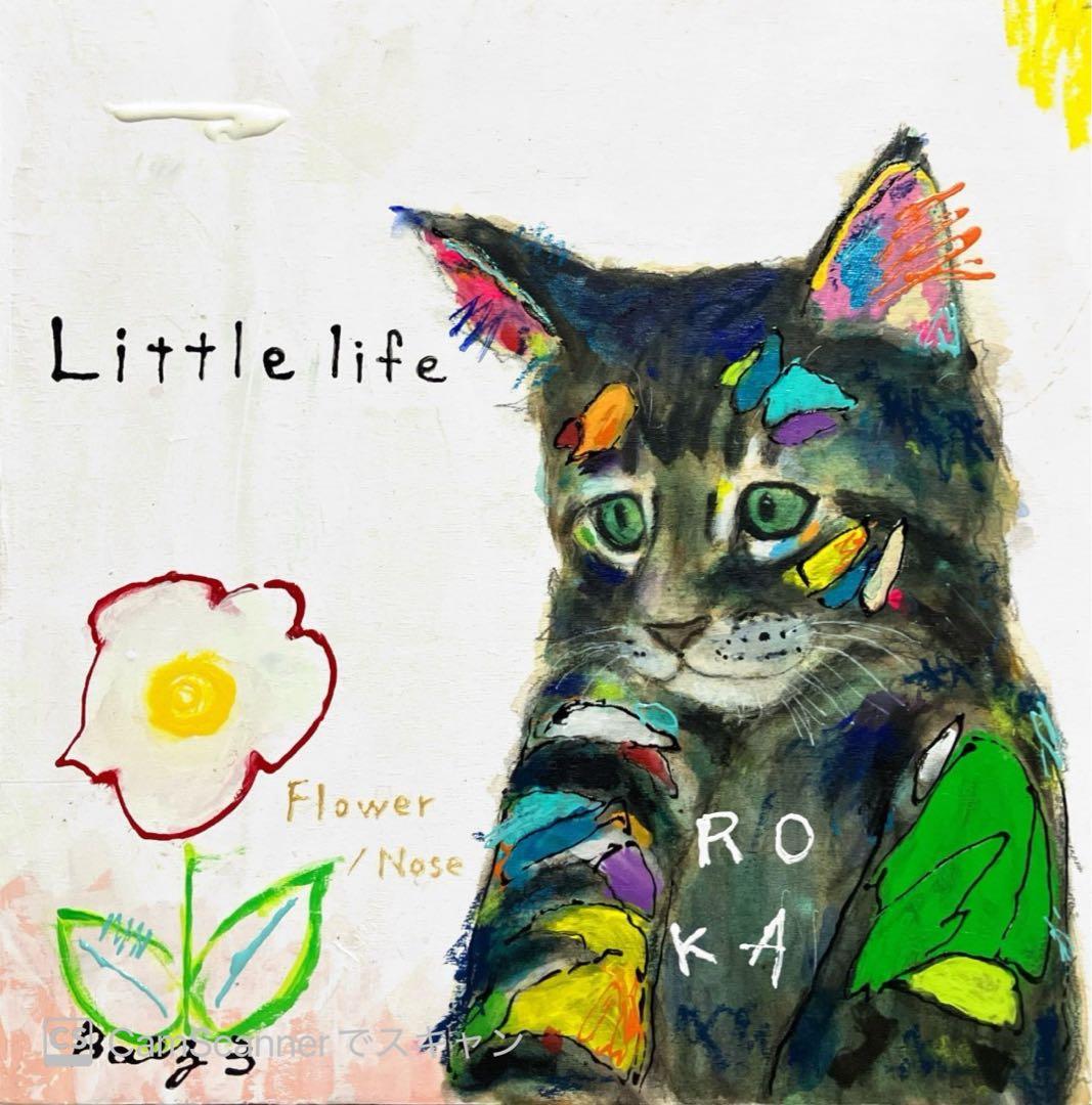 猫　絵画　アクリル画　花　メインクーン　木製パネル　BAEZ3