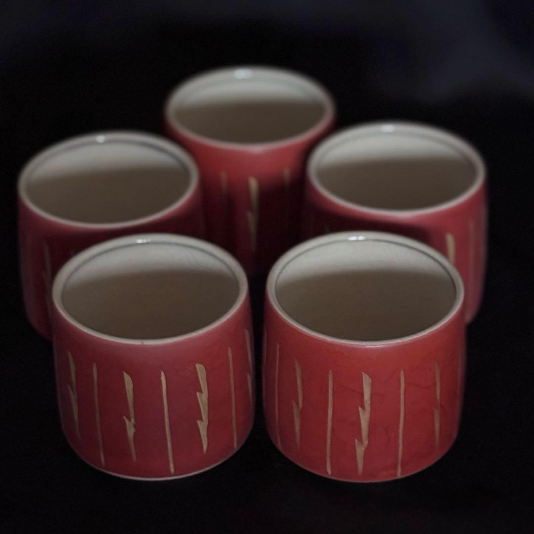 希少品当時物　朱襴手汲出茶器5客　古狭間窯　加藤滝川作　瀬戸焼　木箱　由緒書付き
