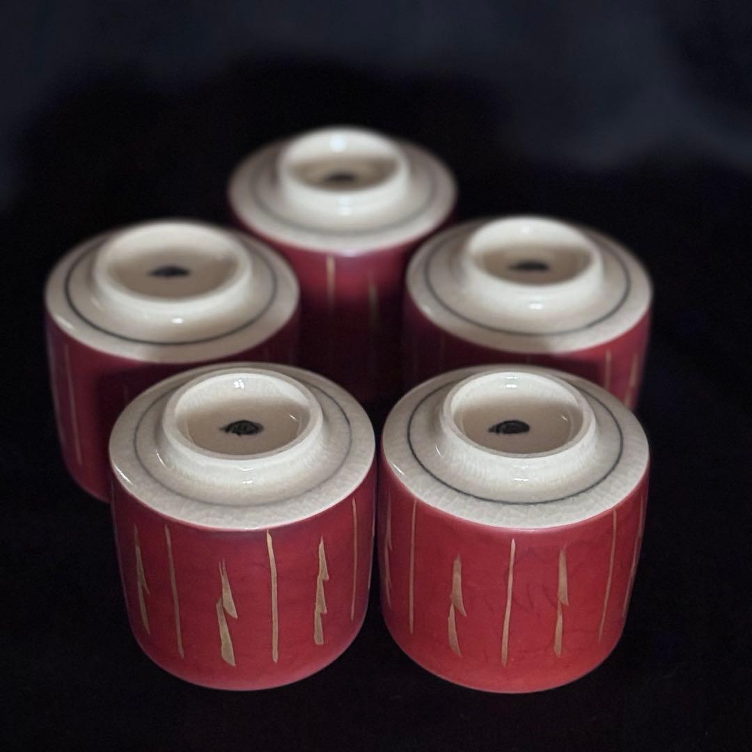 希少品当時物　朱襴手汲出茶器5客　古狭間窯　加藤滝川作　瀬戸焼　木箱　由緒書付き