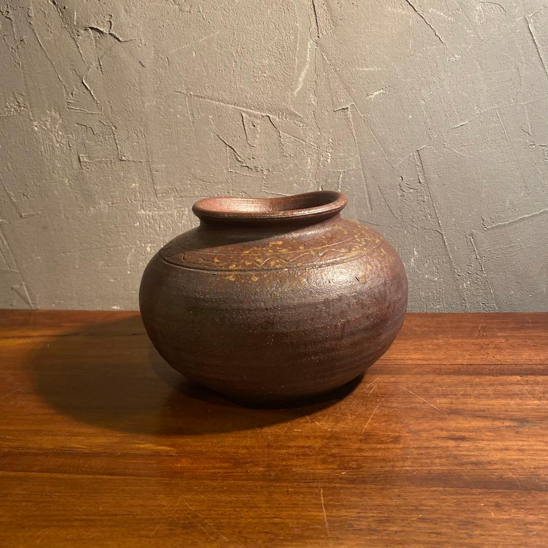 時代物 備前焼 焼き締め 波紋花入 花瓶 骨董品 インテリアオブジェ