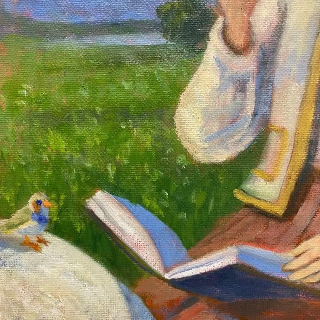 小鳥と女性のモーニングF4 油彩画 絵画