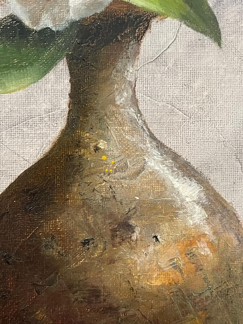 「真作」安田英明「椿」静物画　油彩画　額装　サイン有り　F4号