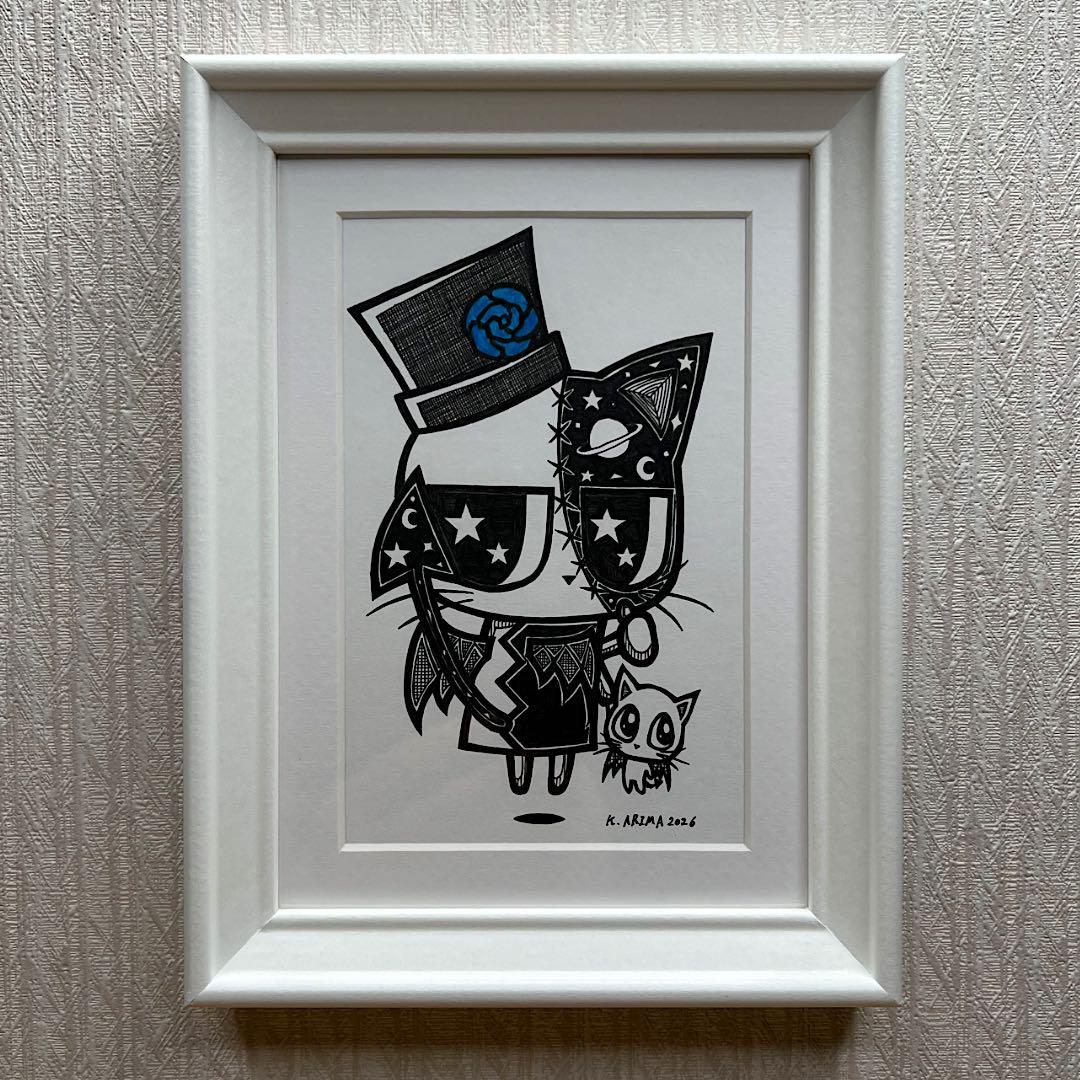 動物 原画 絵 手描き 癒し 猫 一点物 額縁付き 『小悪魔探偵ララちゃん』