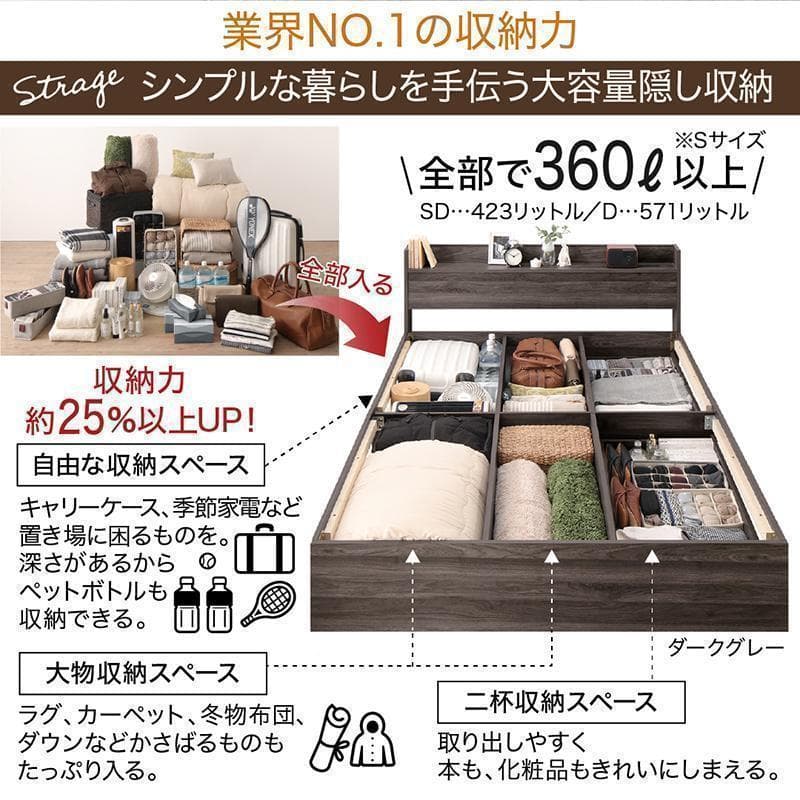 【こむぎ】セミダブルベッド 収納 棚 2口コンセント マットレス付W