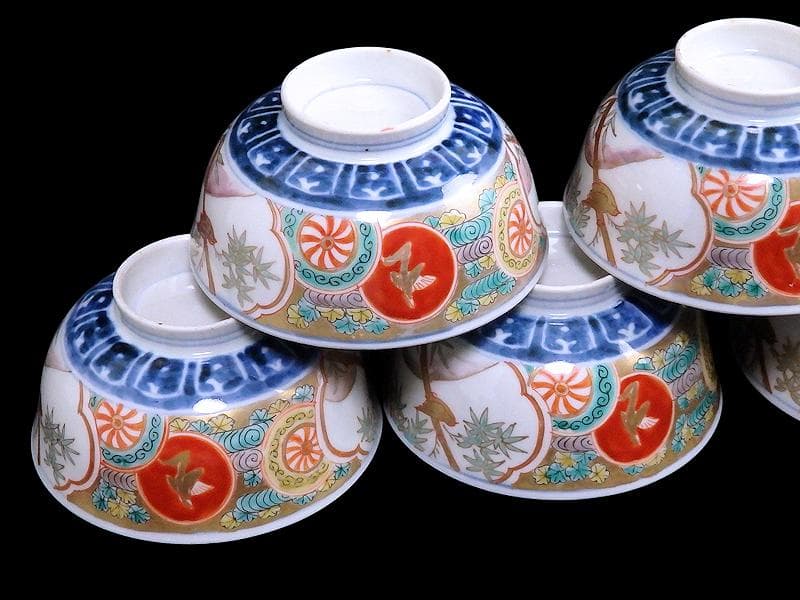 古伊万里　色絵　竹に雀図　向付　りん茶碗　５客　A507AS-fbvt